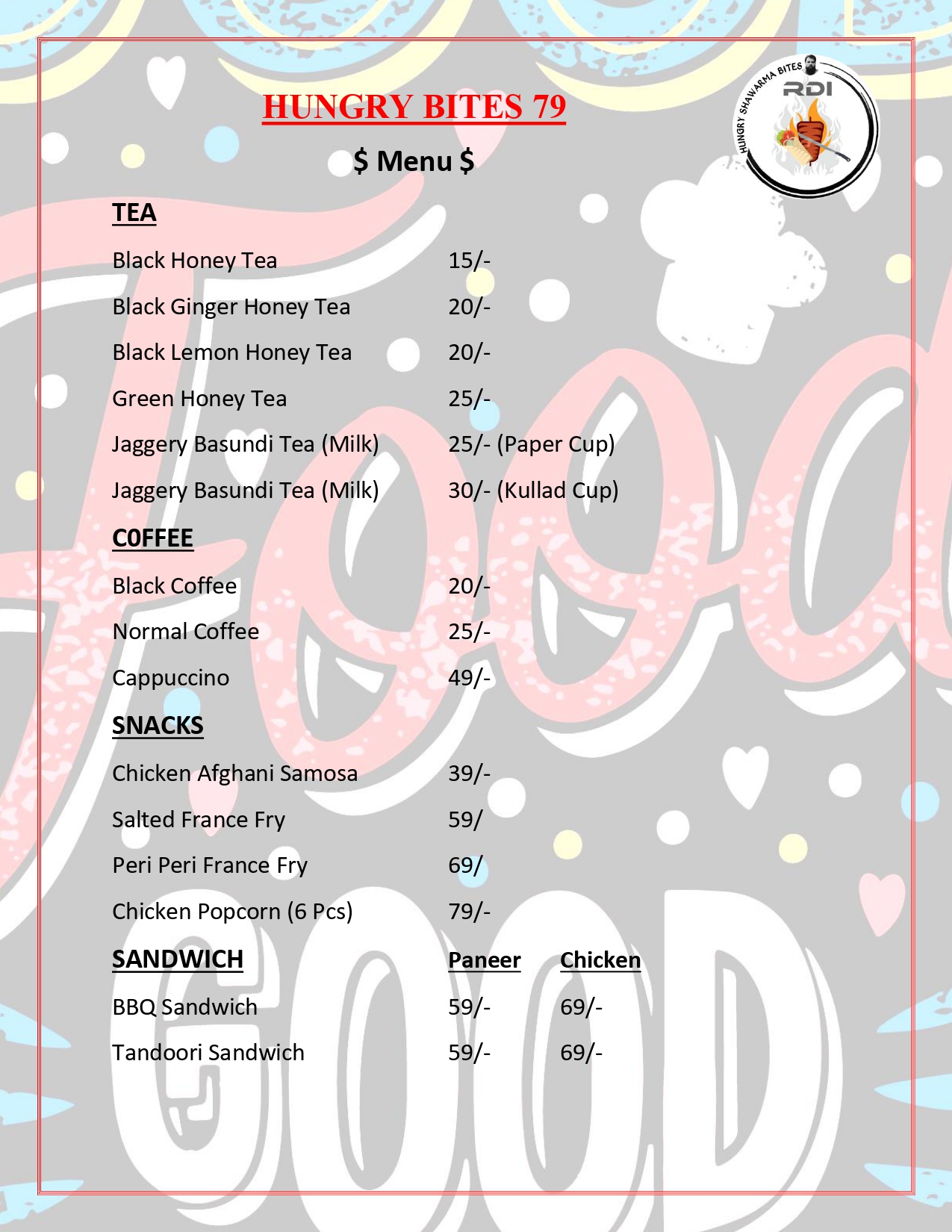Hungry Bites 79 Menu - Tea & Snacks